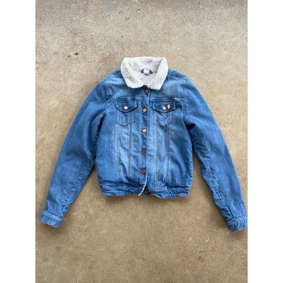 Vintage Blue Denim Jacket With Faux Shearling Lining & Button Closure Size 13-14 - Picture 1 of 5